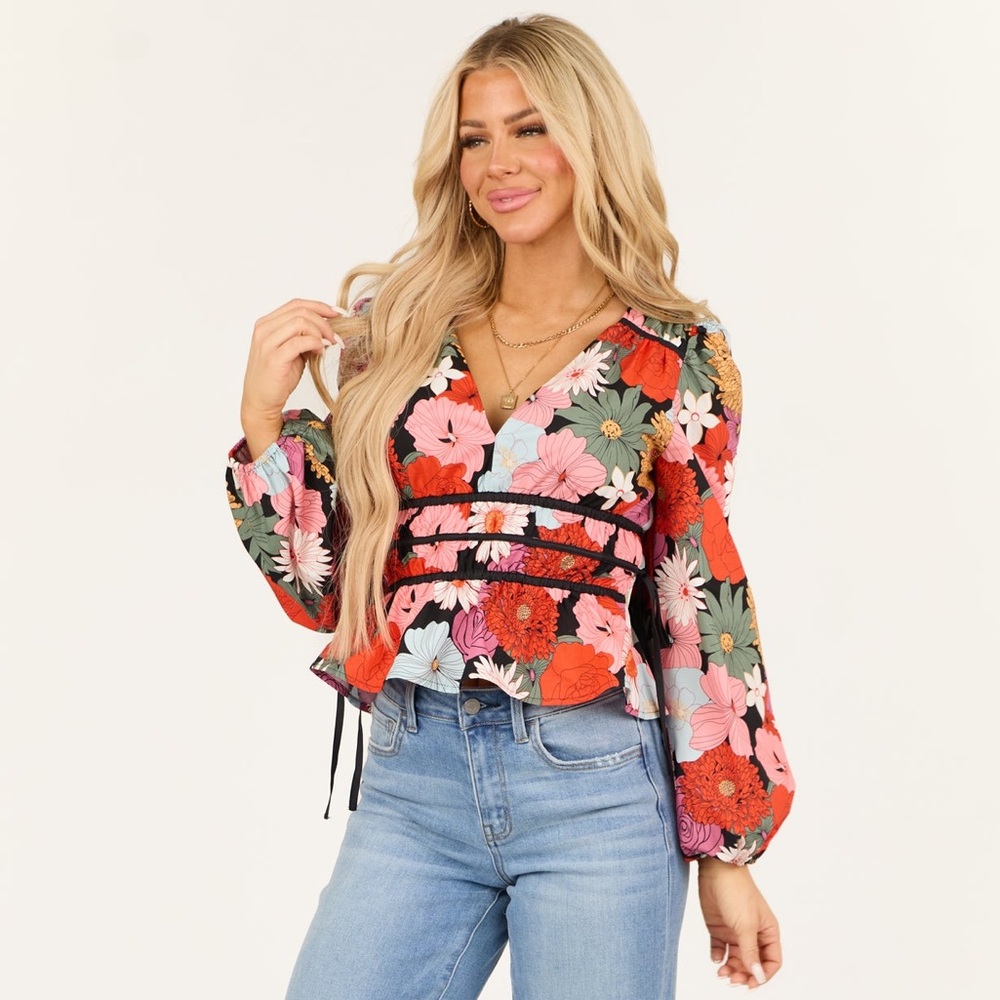 Boutique Listicle Floral Print V Neck Cinched Waist Top